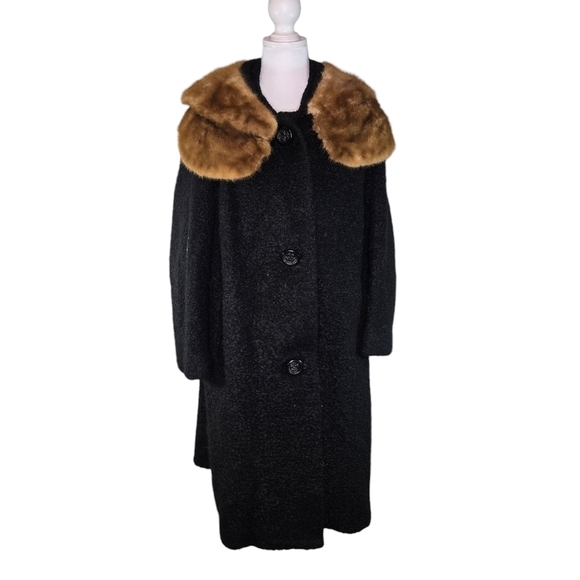 Vtg 60s Curlinda black Faux Curly Persian Lamb Mink Princess Coat - Picture 1 of 15